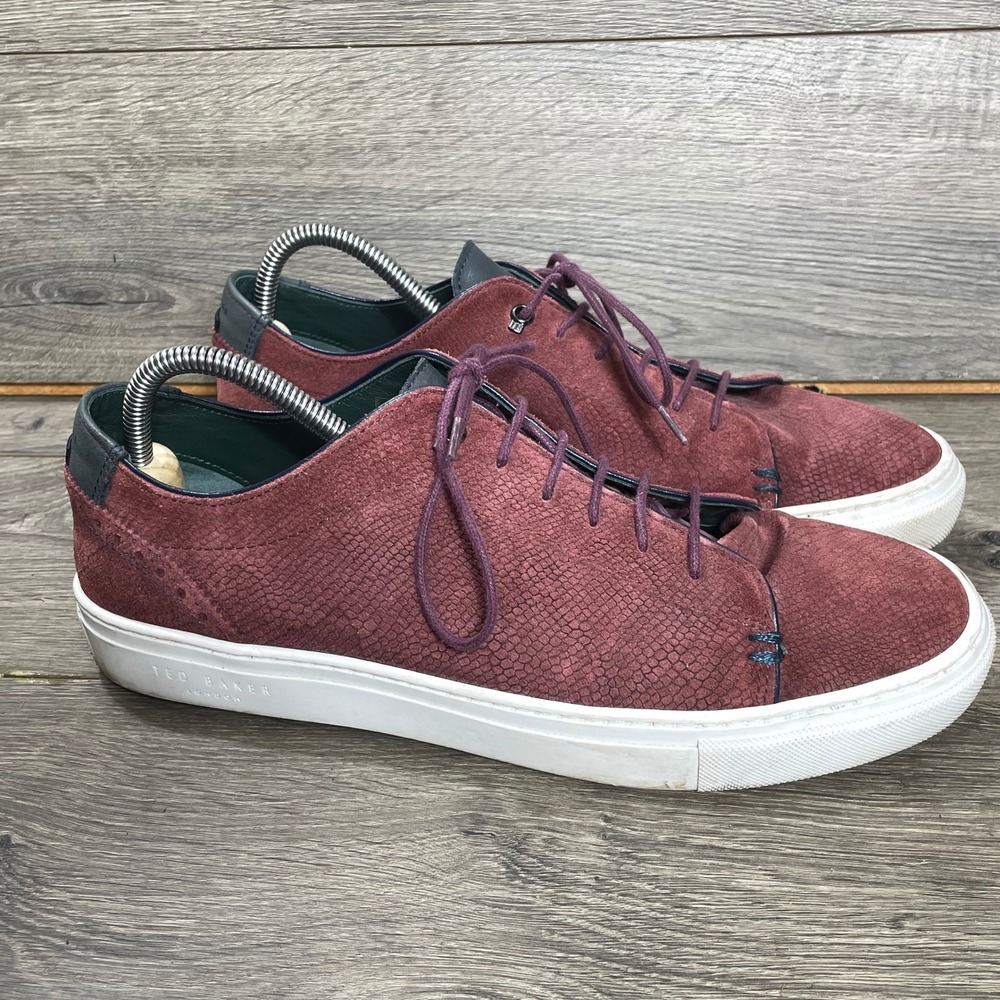 Ted Baker Shoes Mens 10 Burgundy Suede Embossed Low Top Sneakers Luxury Comfort